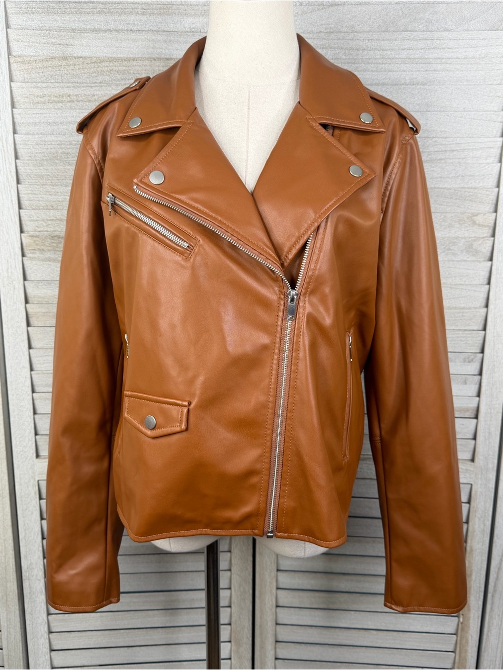 NINE WEST Women's Vegan Leather Biker/ Motorcycle Jacket Caramel-0X
